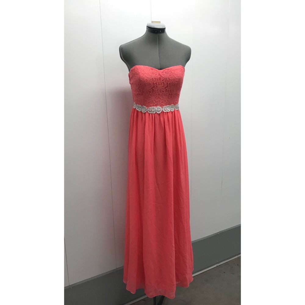 Long coral embellished strapless dress